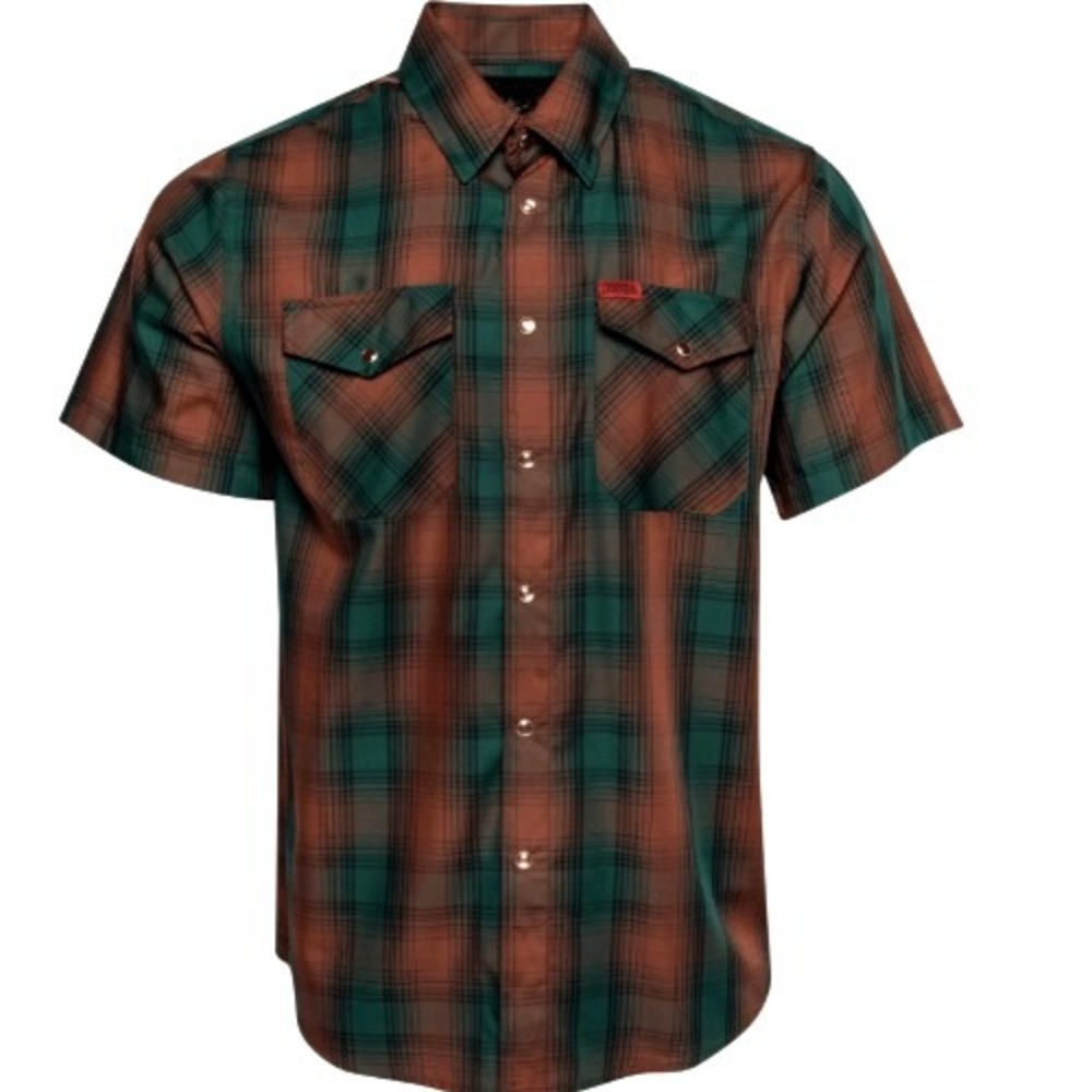 Dixxon Widow Maker Flannel SS Bamboo Men M  Plaid Pearl Snap Brown Green Black